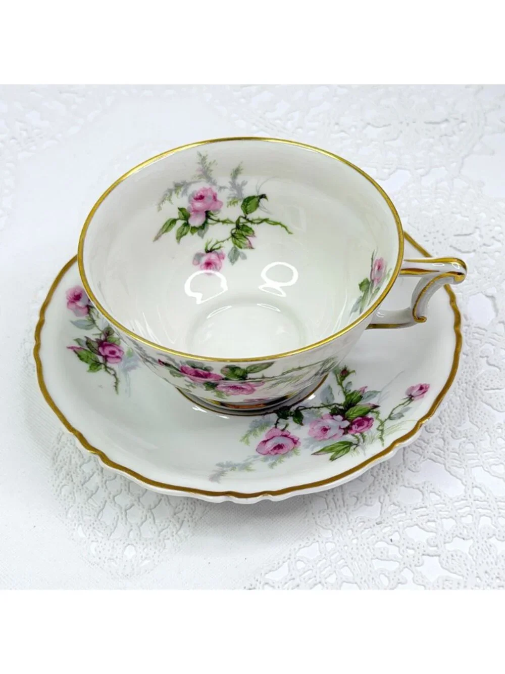 VTG Set of 5 Haviland Limoges Sylvia Teacups & Saucers Pink Roses Cottagecore